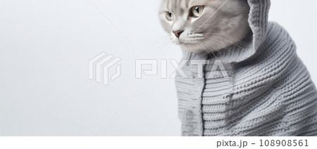 Gray cat in knitted clothes on a white background with space for text. 108908561