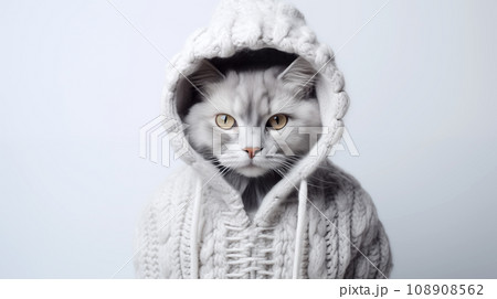 Cat wearing a gray knitted hat and jacket looks at the camera with big eyes. Home pet isolated on a white background. 108908562