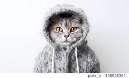 A cute little tabby kitten wearing a gray knitted hat and jacket looks at the camera with big eyes. A cute little tabby kitten wearing a gray knitted hat and jacket looks at the camera with big eyes. 108908563