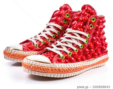 Fantastic Shoes Made of Fresh Fruits and Vegetables, Vegan Fashion, White Background, Creative Shoes 108908643