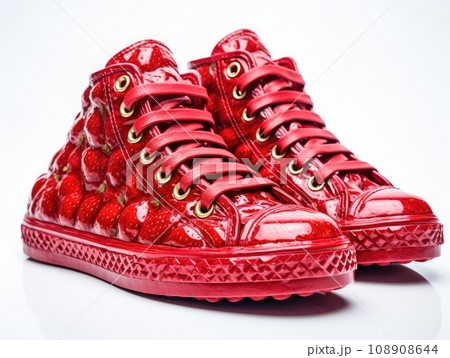 Fantastic Shoes Made of Fresh Fruits and Vegetables, Vegan Fashion, White Background, Creative Shoes 108908644
