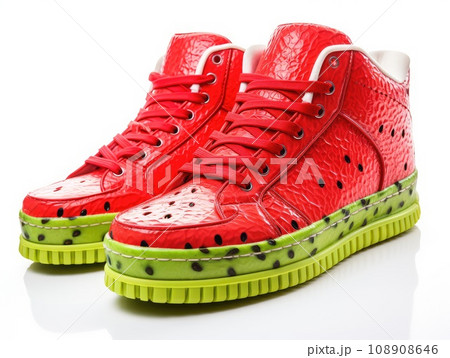 Fantastic Shoes Made of Fresh Fruits and Vegetables, Vegan Fashion, White Background, Creative Shoes Fantastic Shoes Made of Fresh Fruits and Vegetables, Vegan Fashion, White Background, Creative Shoes 108908646