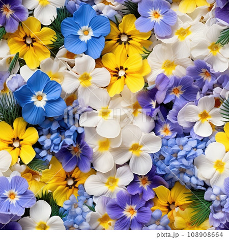 Beautiful Spring Flowers Bouquet, Yellow, Blue, White and Purple Forest Primroses 108908664