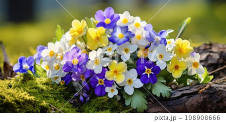 Beautiful Spring Flowers Bouquet, Yellow, Blue, White and Purple Forest Primroses 108908666
