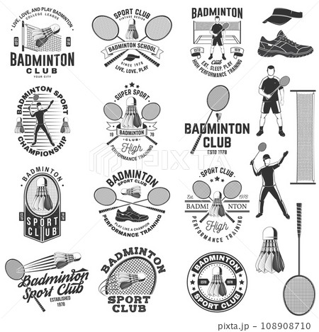 Set of badminton sport badge, patch, emblem, logo. Vector illustration. Vintage badminton label with racket, player and shuttlecock silhouettes. Concept for shirt or logo, print, stamp or tee Set of badminton sport badge, patch, emblem, logo. Vector illustration. Vintage badminton label with racket, player and shuttlecock silhouettes. Concept for shirt or logo, print, stamp or tee 108908710