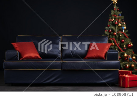 Minimalist Christmas theme: black sofa, gift boxes and festive modern furniture. Minimalist Christmas theme: black sofa, gift boxes and festive modern furniture. 108908711