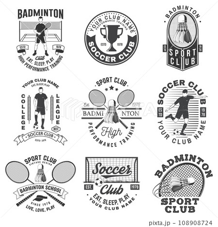 Set of badminton and soccer sport club badge design. Vector. Vintage monochrome label, sticker, patch with badminton, soccer and football player silhouettes 108908724