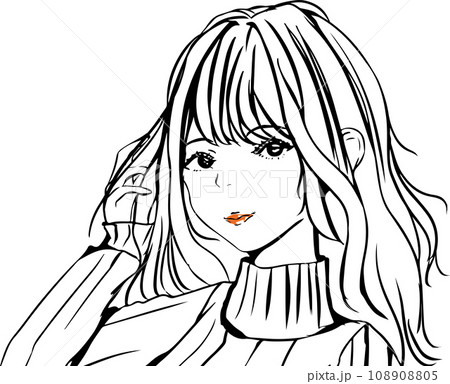 タートルネックのおしゃれな女の子の線画イラスト タートルネックのおしゃれな女の子の線画イラスト 108908805