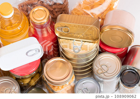Food Reserves: Canned Food, Spaghetti, Pate, Tuna, Tomato Juice, Pasta, Fish and Grocery 108909062