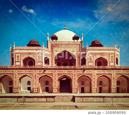 Vintage retro hipster style travel image of Humayun's Tomb with overlaid grunge texture. Delhi, India. UNESCO World Heritage Site. Frontal View Vintage retro hipster style travel image of Humayun's Tomb with overlaid grunge texture. Delhi, India. UNESCO World Heritage Site. Frontal View 108909098