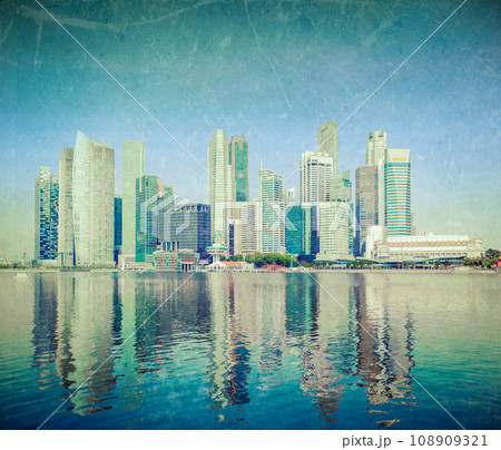Modern city skyline of business district downtown of Singapore in day with grunge texture overlaid 108909321
