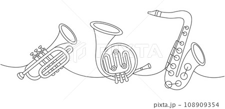 Wind musical instruments one line continuous drawing. Tuba, trumpet, french horn, saxophone continuous one line illustration. 108909354