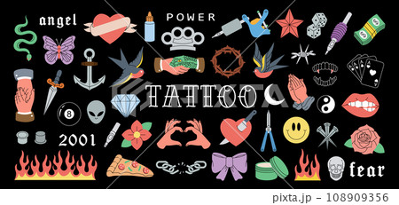 Tattoo set. Old school tattoos. Various old school tattoos. Swallow, rose, heart, knife, anchor, skull, hands, flowers, snake. Vector illustration. 108909356