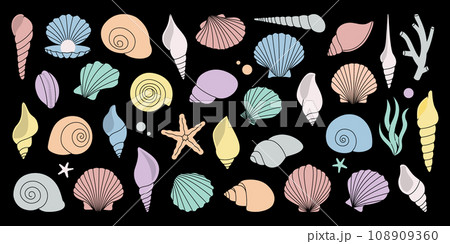 Scallop sea shells. Tropical underwater shells set. Freshwater algae, corals, starfish, sea mollusks, scallop, pearls. Vector illustration. 108909360