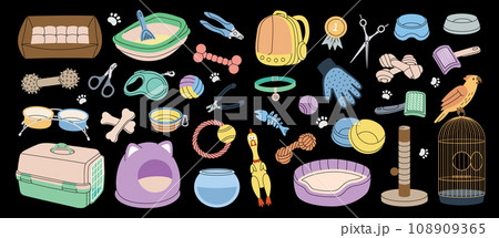 Pet supplies. Animal supplies collection. Sleeping pillow, chew toy, medal, scissors, nail clippers, brush, fur remover, aquarium, backpack carrier Pet supplies. Animal supplies collection. Sleeping pillow, chew toy, medal, scissors, nail clippers, brush, fur remover, aquarium, backpack carrier 108909365