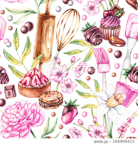 Watercolor seamless pattern with desserts, baking tools, flowers Watercolor seamless pattern with desserts, baking tools, flowers 108909415