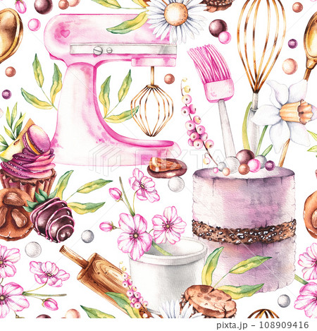 Watercolor seamless pattern with desserts, baking tools, flowers Watercolor seamless pattern with desserts, baking tools, flowers 108909416
