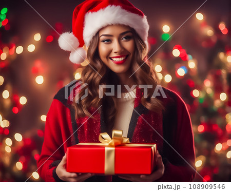 帽子をかぶったクリスマスプレゼントを持つ女性 108909546