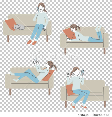 Illustration set of a woman using a smartphone on the sofa 108909578