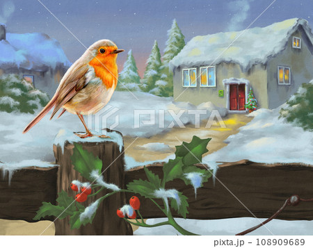 Winter landscape with robin Winter landscape with robin 108909689