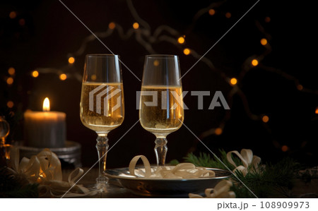 Template for holiday party invitation with two glasses of champagne on New Year's table on black.  108909973