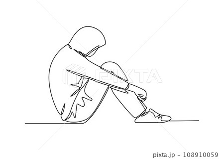 Single one line drawing of frustration young businessman sitting on the floor. Depression disorder, sad, sorrow, disappointment symptom. Modern continuous line draw design graphic vector illustration Single one line drawing of frustration young businessman sitting on the floor. Depression disorder, sad, sorrow, disappointment symptom. Modern continuous line draw design graphic vector illustration 108910059
