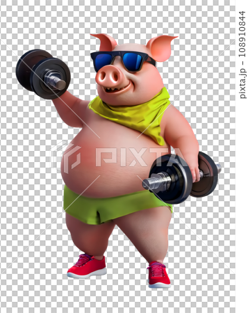 Illustration of a fat pig lifting weights and exercising [AI generated image] 108910844