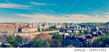 Panoramic view of bridges over Vltava river from Letna Park. Prague, Czech Republic. Stitched panorama Panoramic view of bridges over Vltava river from Letna Park. Prague, Czech Republic. Stitched panorama 108911503
