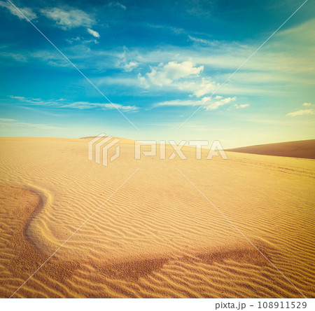 Vintage retro hipster style travel image of white sand dunes on sunrise, Mui Ne, Vietnam Vintage retro hipster style travel image of white sand dunes on sunrise, Mui Ne, Vietnam 108911529