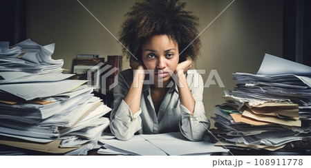 Stressed and exhausted office worker with pile of document without comeliness 108911778
