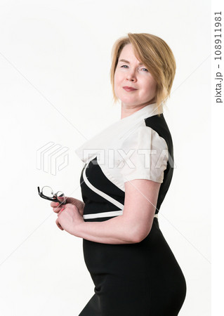 Sensuality curvy middle aged adult business woman looking at camera. European mature adult female 108911981