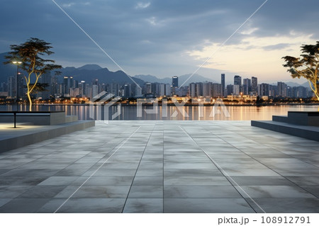 plaza with a skyline and building in the distance, minimalist backgrounds. Generative AI 108912791