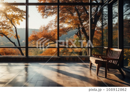 Living room inside a forest apartment, big glass windows Living room inside a forest apartment, big glass windows 108912862