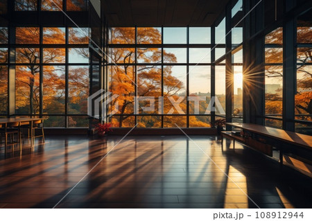 Living room inside a forest apartment, big glass windows Living room inside a forest apartment, big glass windows 108912944