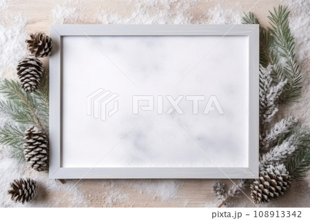 Flat lay photo of an empty large picture frame, winter theme. Generative AI 108913342
