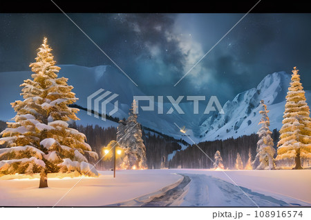 クリスマスツリーと雪の風景　7 108916574