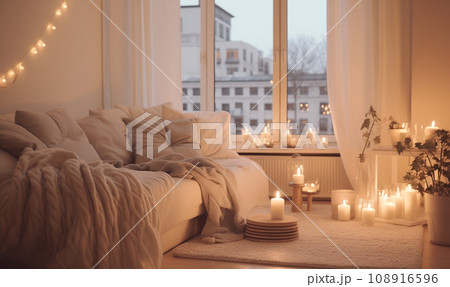 AI-generated content. Cozy apartment interior inspired by Scandinavian design at evening with candles 108916596