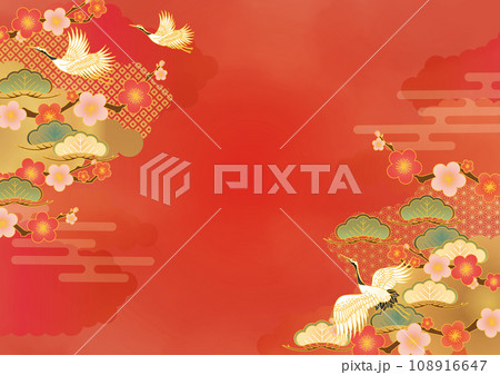 赤の鶴と松の和柄背景テンプレート 108916647