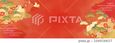 赤の鶴と松の和柄背景テンプレート 赤の鶴と松の和柄背景テンプレート 108916657