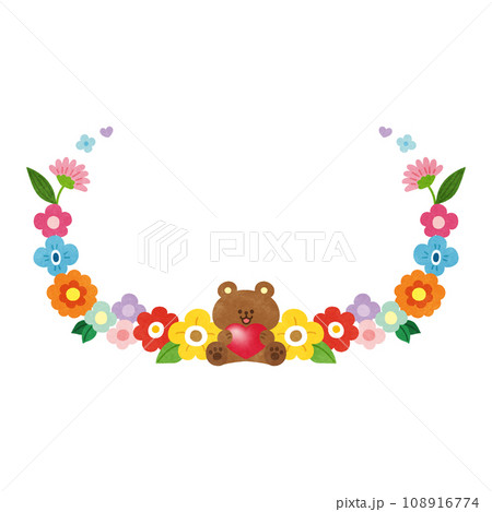 ハートを持ったクマとカラフルな花のフレーム 108916774