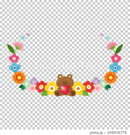 ハートを持ったクマとカラフルな花のフレーム 108916774