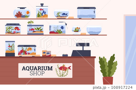 Aquarium shop: counter and racks flat style, vector illustration Aquarium shop: counter and racks flat style, vector illustration 108917224