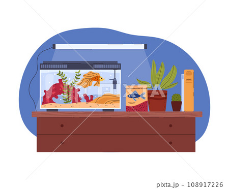 Glass home aquarium with goldfish, corals, algae and accessories, cartoon marine pet vector illustration 108917226