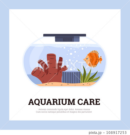 Round glass home fishbowl with orange fish, coral and seaweed and accessories, aquatic pet, Aquarium care vector poster 108917253