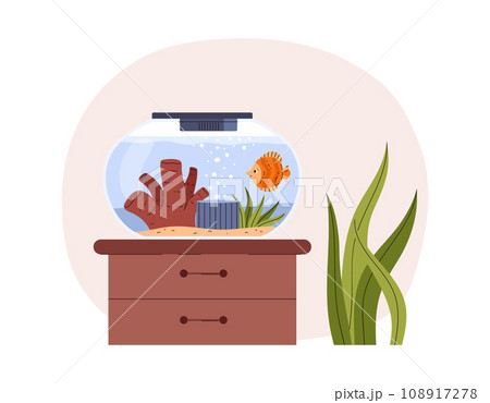 Round aquarium with cute yellow swimming fish stands on nightstand Round aquarium with cute yellow swimming fish stands on nightstand 108917278