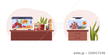 Glass home aquarium and fishbowl with goldfish, corals, seaweed and accessories, cartoon marine pet vector isolated set 108917296