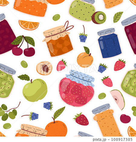 Seamless pattern with different jars of jam, fruits and berries 108917385