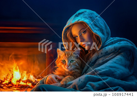 暖炉でくつろぐ女性と猫 108917441