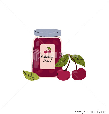 Jar of cherry jam, vector cartoon illustration isolated on white. 108917446