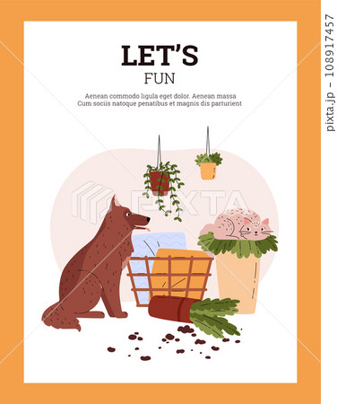 Banner with pets staying home alone and making a mess, flat vector illustration. Banner with pets staying home alone and making a mess, flat vector illustration. 108917457